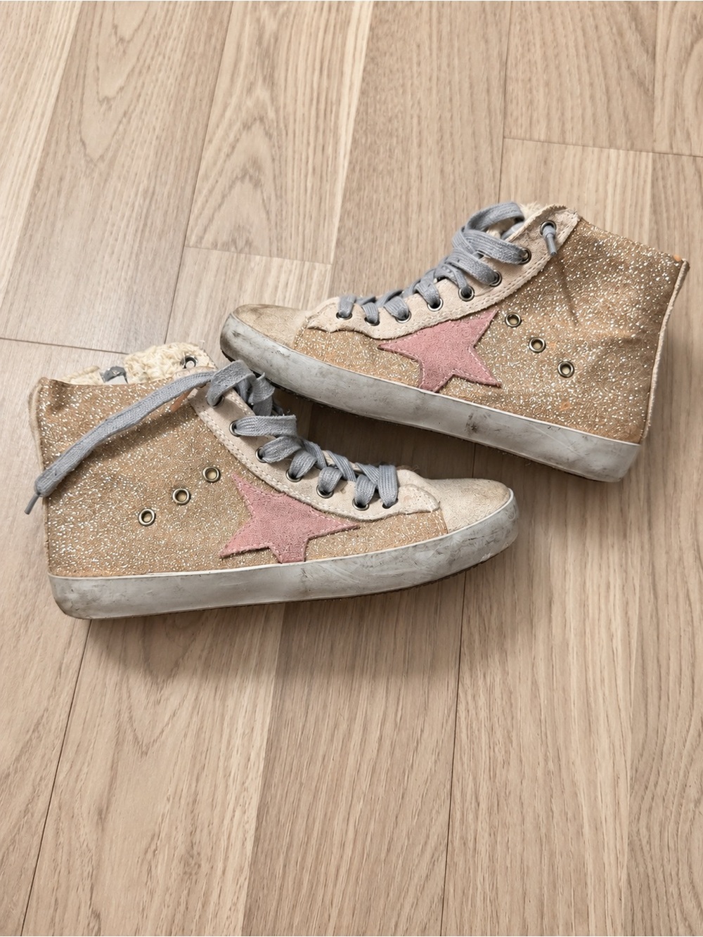 Golden Goose Glitter High-Top Sneakers with Pink Star